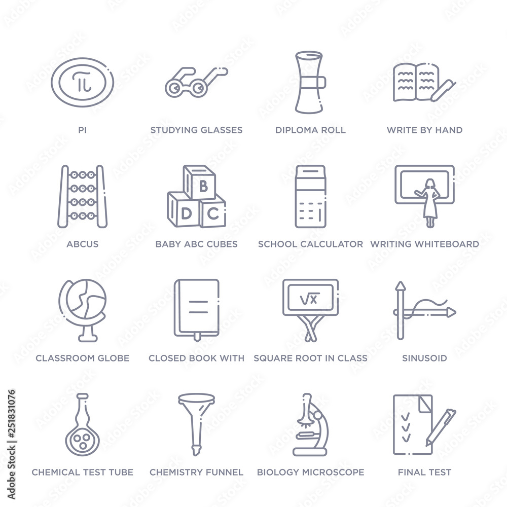 set of 16 thin linear icons such as final test, biology microscope, chemistry funnel, chemical test tube, sinusoid, square root in class, closed book with marker from education collection on white set of 16 thin linear icons such as final test, biology microscope, chemistry funnel, chemical test tube, sinusoid, square root in class, closed book with marker from education collection on white