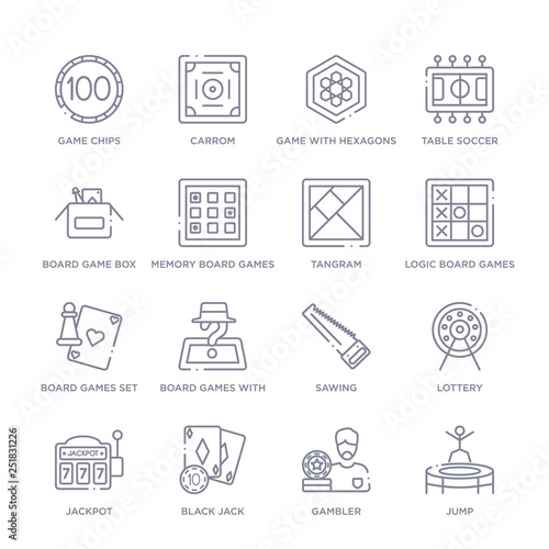 set of 16 thin linear icons such as jump, gambler, black jack, jackpot, lottery, sawing, board games with roles from entertainment collection on white background, outline sign icons or symbols