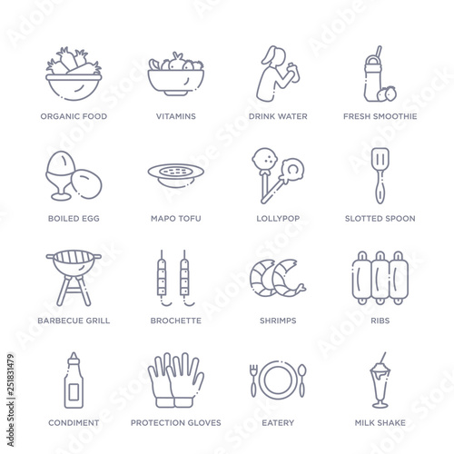 set of 16 thin linear icons such as milk shake, eatery, protection gloves, condiment, ribs, shrimps, brochette from food collection on white background, outline sign icons or symbols