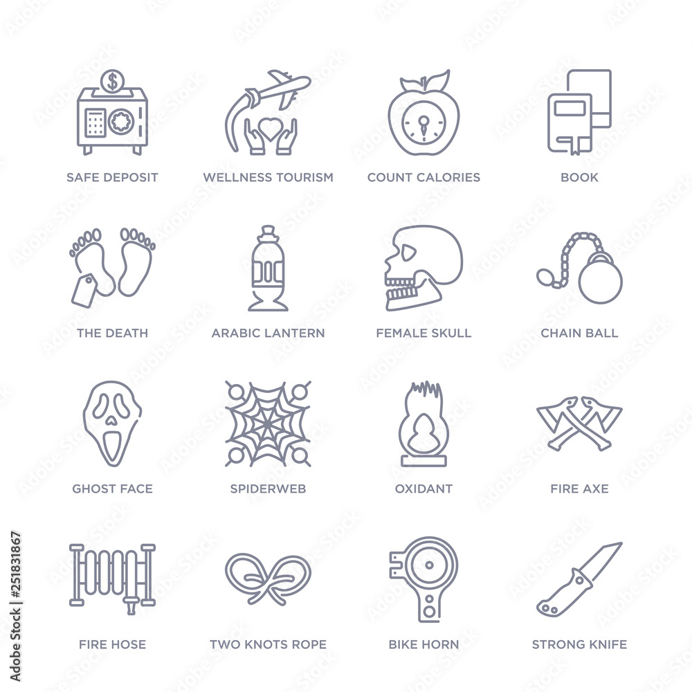 set of 16 thin linear icons such as strong knife, bike horn, two knots rope, fire hose, fire axe, oxidant, spiderweb from general collection on white background, outline sign icons or symbols set of 16 thin linear icons such as strong knife, bike horn, two knots rope, fire hose, fire axe, oxidant, spiderweb from general collection on white background, outline sign icons or symbols