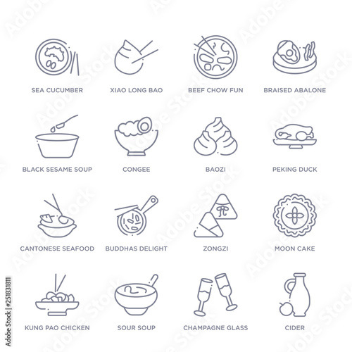 set of 16 thin linear icons such as cider, champagne glass, sour soup, kung pao chicken, moon cake, zongzi, buddhas delight from food and restaurant collection on white background, outline sign