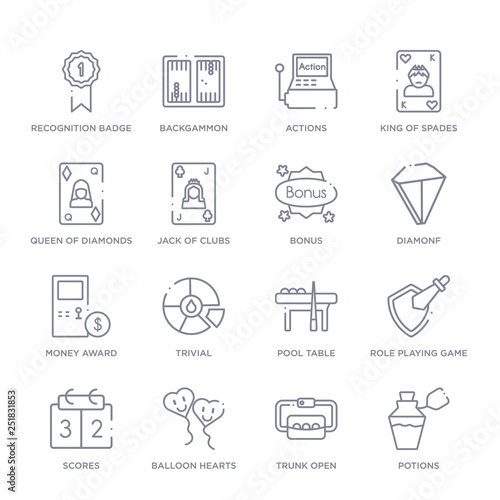 set of 16 thin linear icons such as potions, trunk open, balloon hearts, scores, role playing game, pool table, trivial from gaming collection on white background, outline sign icons or symbols