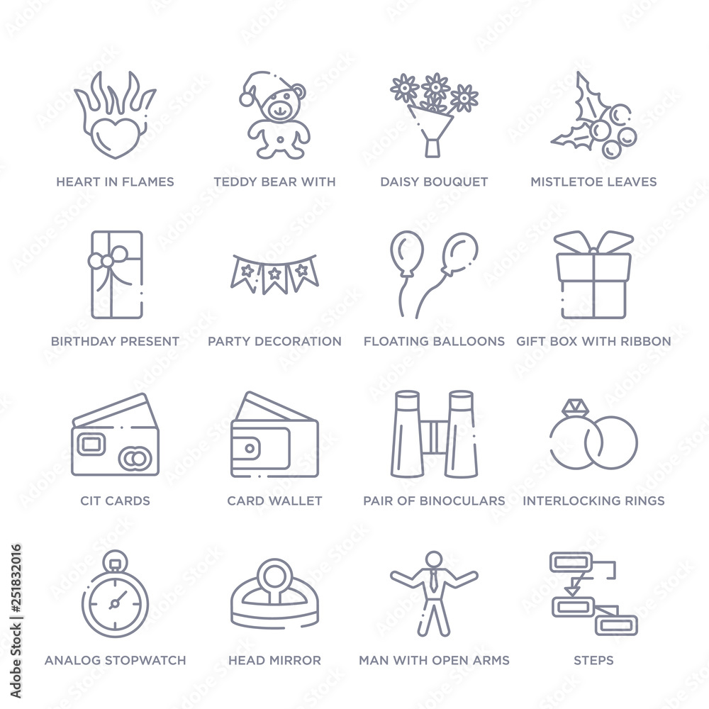 set of 16 thin linear icons such as steps, man with open arms, head mirror, analog stopwatch, interlocking rings, pair of binoculars, card wallet from general collection on white background, outline set of 16 thin linear icons such as steps, man with open arms, head mirror, analog stopwatch, interlocking rings, pair of binoculars, card wallet from general collection on white background, outline