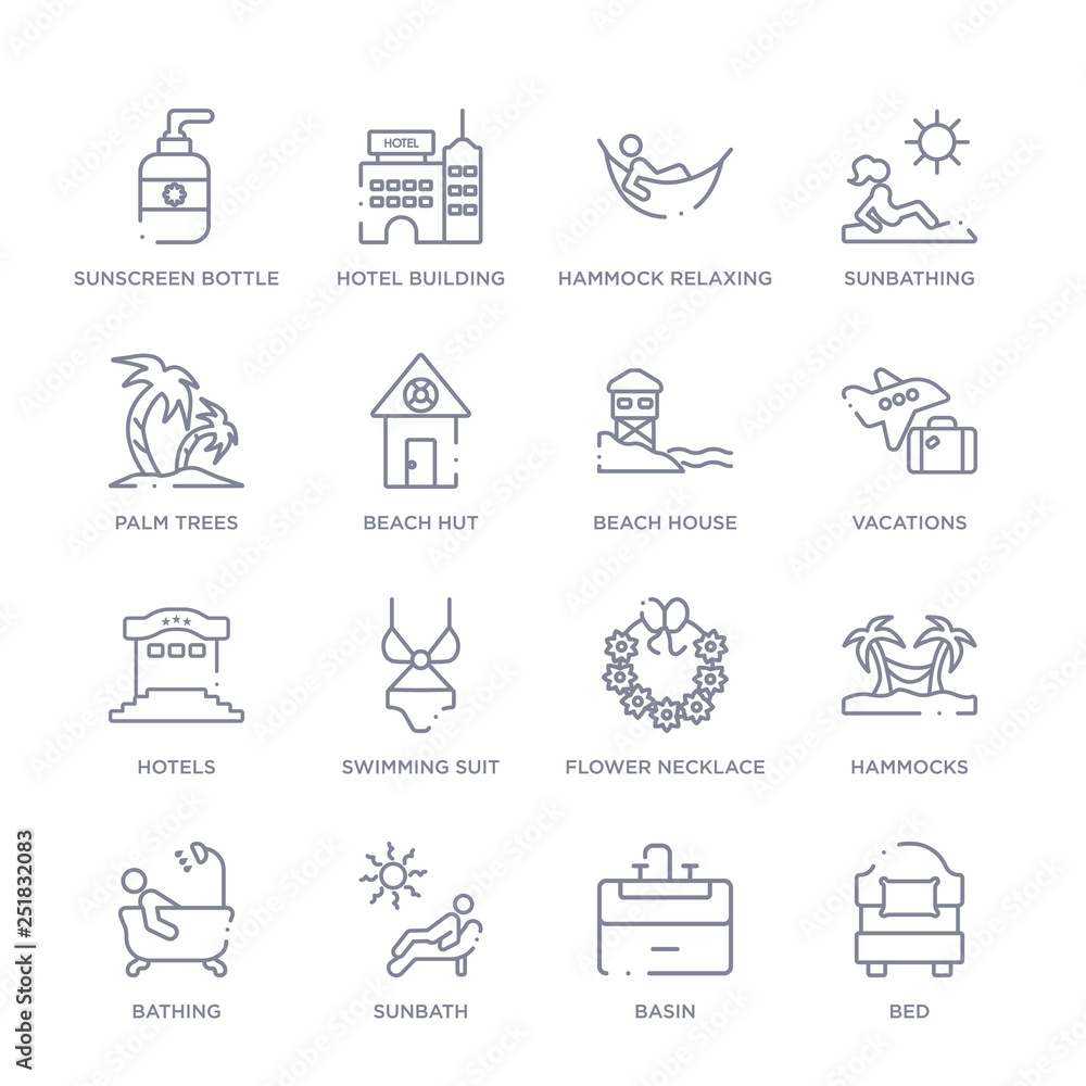 set of 16 thin linear icons such as bed, basin, sunbath, bathing, hammocks, flower necklace, swimming suit from holidays collection on white background, outline sign icons or symbols set of 16 thin linear icons such as bed, basin, sunbath, bathing, hammocks, flower necklace, swimming suit from holidays collection on white background, outline sign icons or symbols