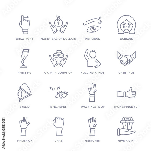 set of 16 thin linear icons such as give a gift, gestures, grab, finger up, thumb finger up, two fingers up, eyelashes from gestures collection on white background, outline sign icons or symbols