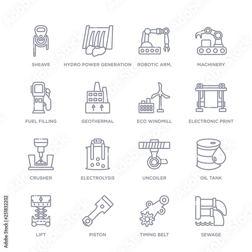 set of 16 thin linear icons such as sewage, timing belt, piston, lift, oil tank, uncoiler, electrolysis from industry collection on white background, outline sign icons or symbols