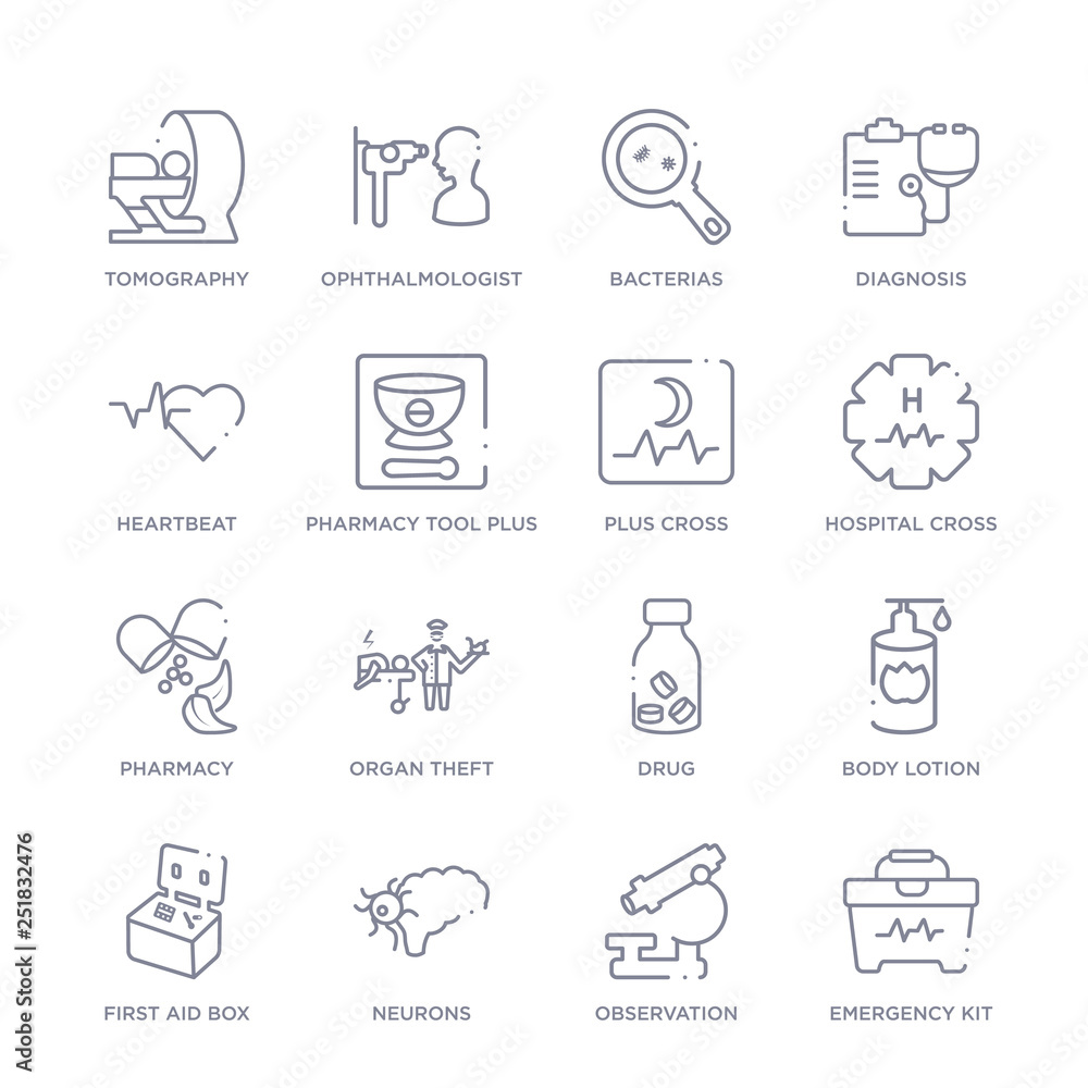 set of 16 thin linear icons such as emergency kit, observation, neurons ...