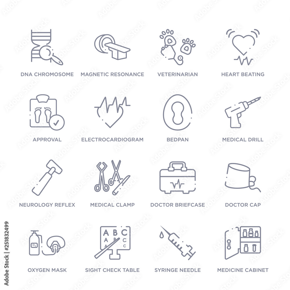 set of 16 thin linear icons such as medicine cabinet, syringe needle ...