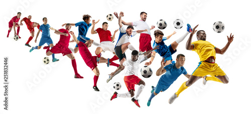 Professional football soccer players with ball isolated on white studio background. Collage with fit male models. Attack, defense, fight. Group of men with sport equipment.