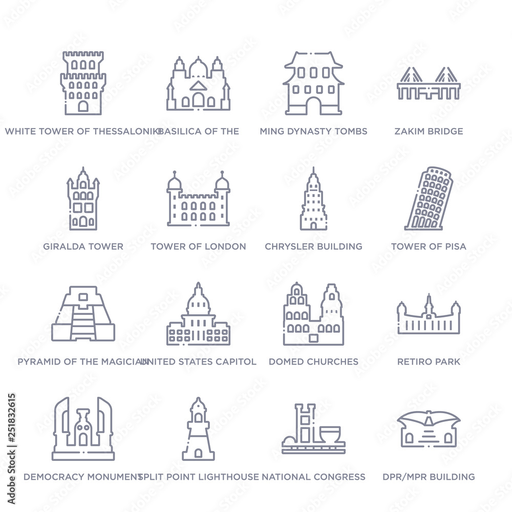 set of 16 thin linear icons such as dpr/mpr building, national congress of brazil, split point lighthouse, democracy monument, retiro park, domed churches, united states capitol from monuments