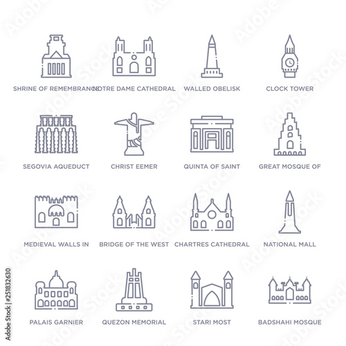 set of 16 thin linear icons such as badshahi mosque, stari most, quezon memorial circle, palais garnier, national mall, chartres cathedral, bridge of the west from monuments collection on white