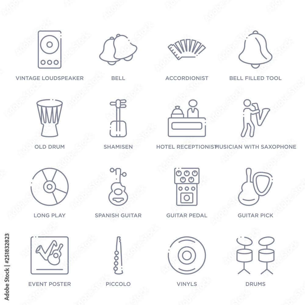 set of 16 thin linear icons such as drums, vinyls, piccolo, event poster, guitar pick, guitar pedal, spanish guitar from music collection on white background, outline sign icons or symbols