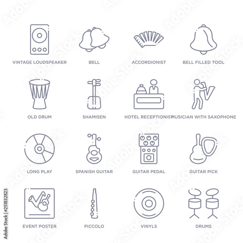 set of 16 thin linear icons such as drums, vinyls, piccolo, event poster, guitar pick, guitar pedal, spanish guitar from music collection on white background, outline sign icons or symbols