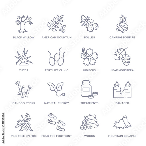 set of 16 thin linear icons such as mountain colapse, woods, four toe footprint, pine tree on fire, damaged, treatments, natural energy from nature collection on white background, outline sign icons