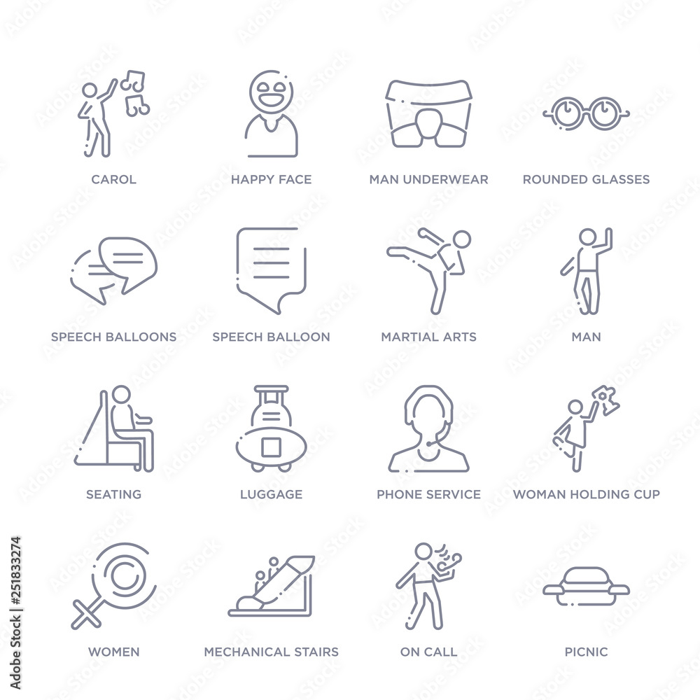 set of 16 thin linear icons such as picnic, on call, mechanical stairs, women, woman holding cup, phone service, luggage from people collection on white background, outline sign icons or symbols set of 16 thin linear icons such as picnic, on call, mechanical stairs, women, woman holding cup, phone service, luggage from people collection on white background, outline sign icons or symbols