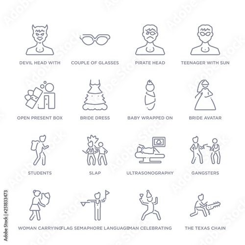 set of 16 thin linear icons such as the texas chain saw massacre, man celebrating, flag semaphore language, woman carrying, gangsters, ultrasonography, slap from people collection on white