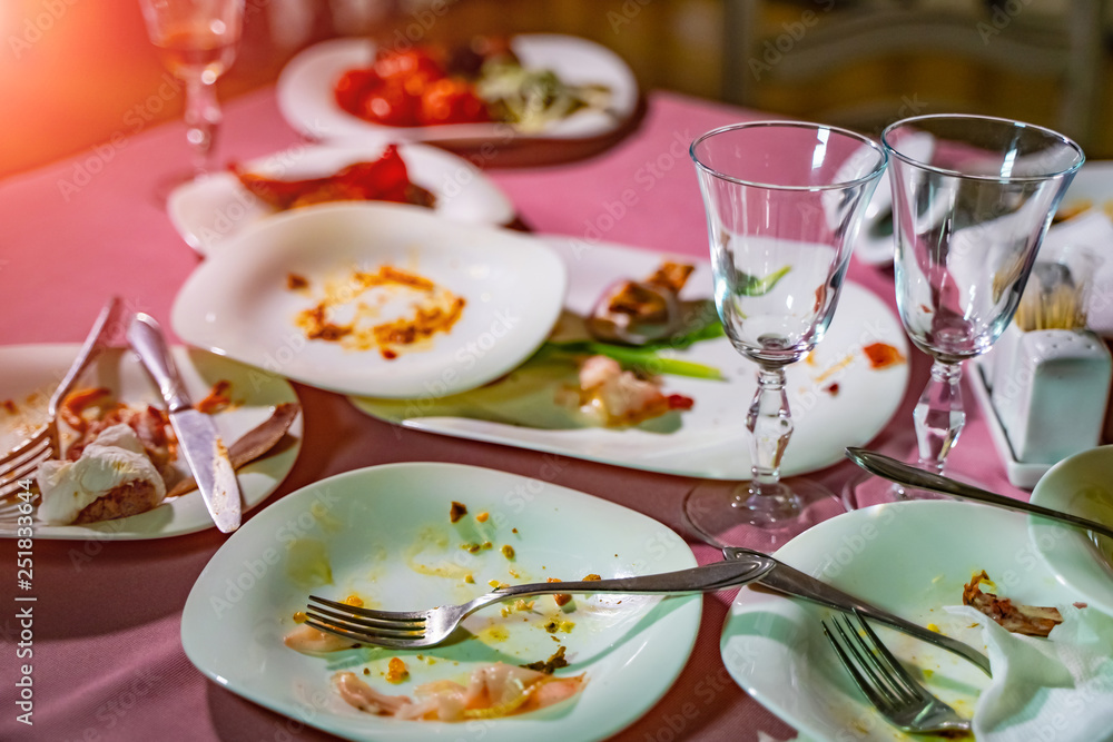 Dirty dishes on a table in a restaurant. After eating Dirty dishes on a table in a restaurant. After eating