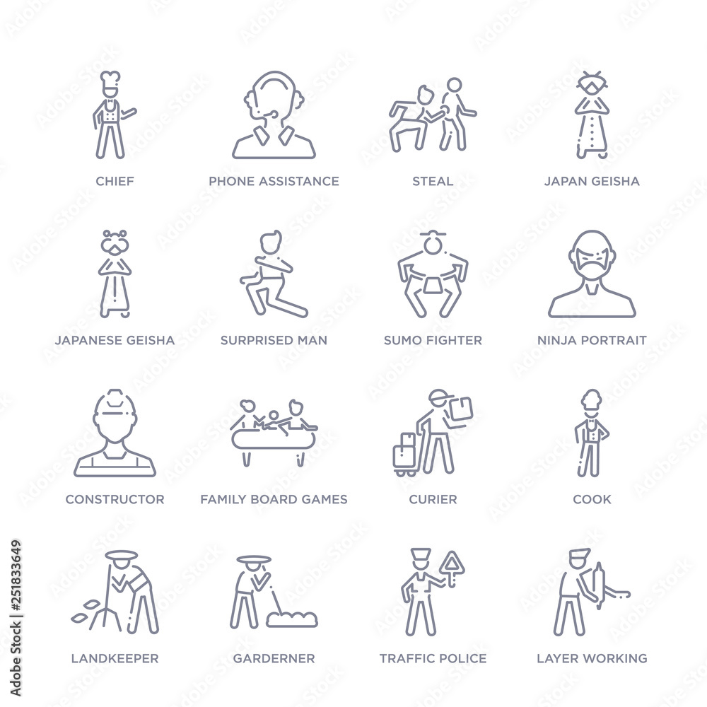 set of 16 thin linear icons such as layer working, traffic police, garderner, landkeeper, cook, curier, family board games from people collection on white background, outline sign icons or symbols set of 16 thin linear icons such as layer working, traffic police, garderner, landkeeper, cook, curier, family board games from people collection on white background, outline sign icons or symbols