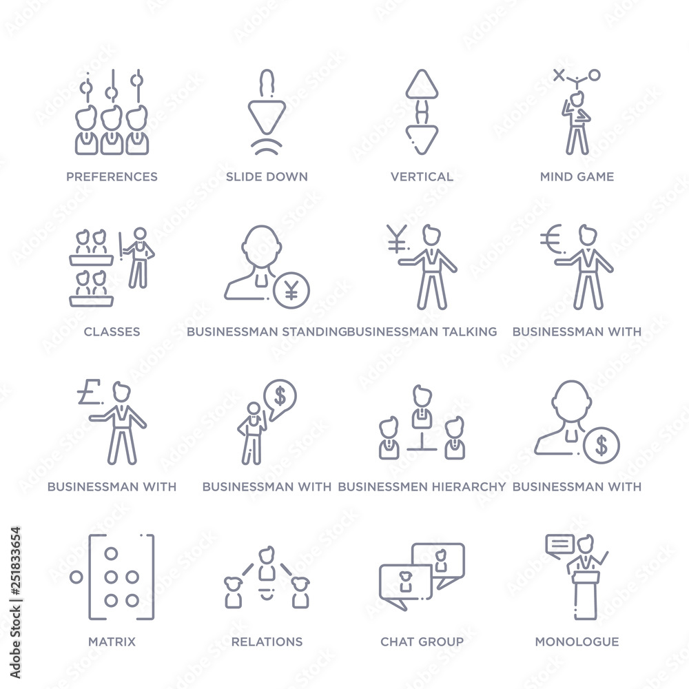 set of 16 thin linear icons such as monologue, chat group, relations, matrix, businessman with dollar money, businessmen hierarchy, businessman with financial message about dollar from people set of 16 thin linear icons such as monologue, chat group, relations, matrix, businessman with dollar money, businessmen hierarchy, businessman with financial message about dollar from people