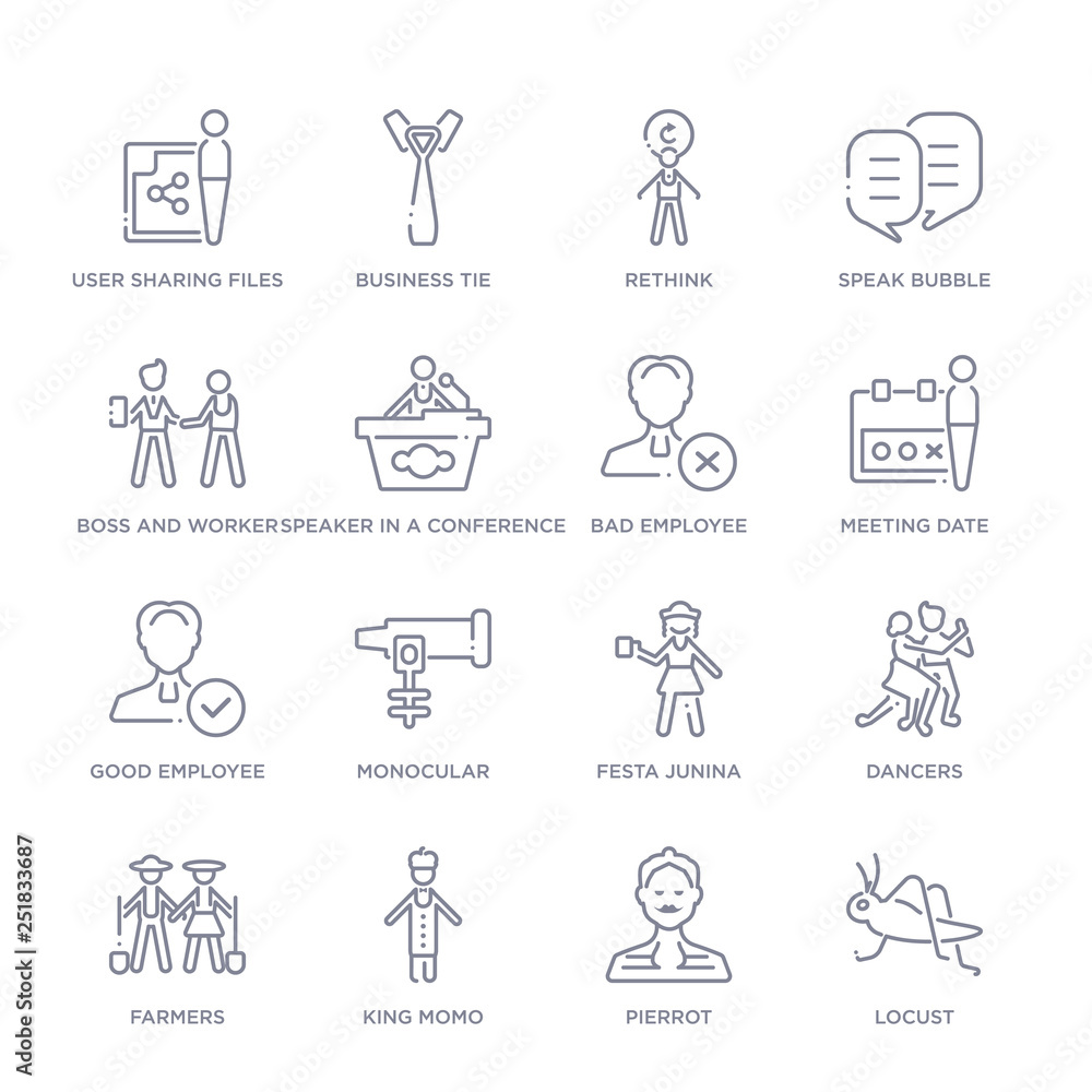 set of 16 thin linear icons such as locust, pierrot, king momo, farmers, dancers, festa junina, monocular from people collection on white background, outline sign icons or symbols set of 16 thin linear icons such as locust, pierrot, king momo, farmers, dancers, festa junina, monocular from people collection on white background, outline sign icons or symbols