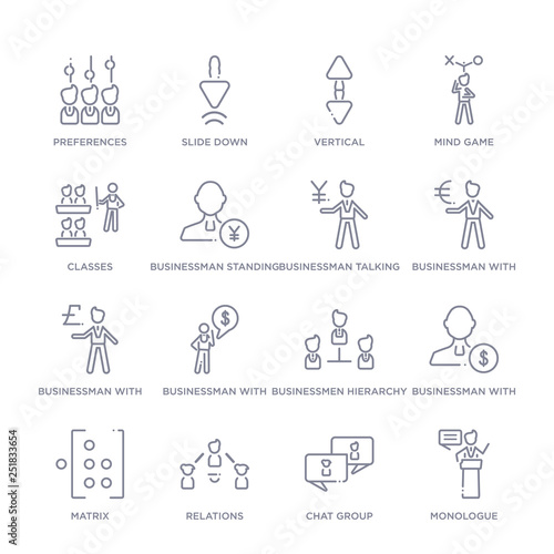 set of 16 thin linear icons such as monologue, chat group, relations, matrix, businessman with dollar money, businessmen hierarchy, businessman with financial message about dollar from people