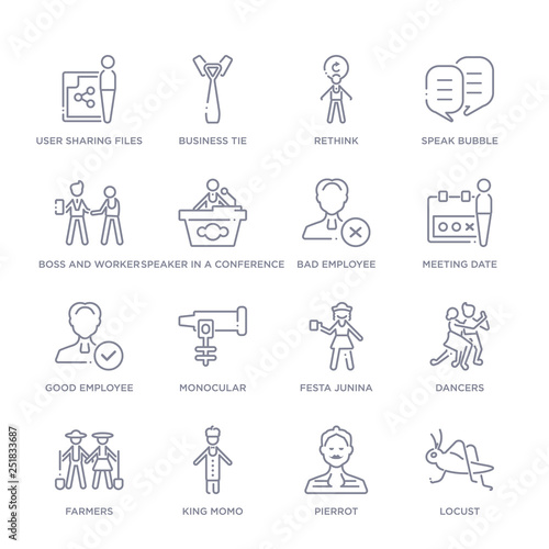 set of 16 thin linear icons such as locust, pierrot, king momo, farmers, dancers, festa junina, monocular from people collection on white background, outline sign icons or symbols
