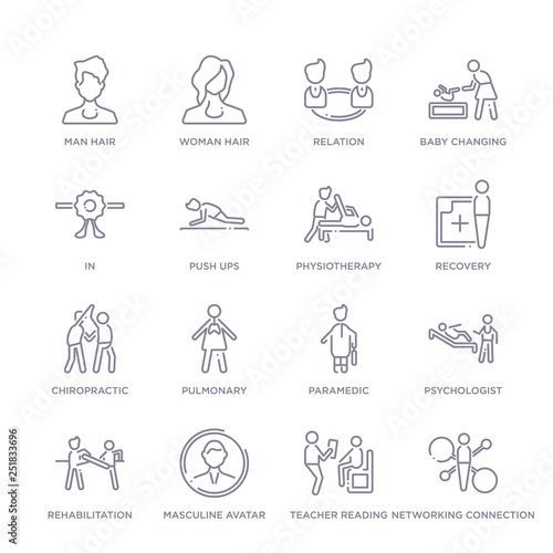 set of 16 thin linear icons such as networking connection, teacher reading, masculine avatar, rehabilitation, psychologist, paramedic, pulmonary from people collection on white background, outline