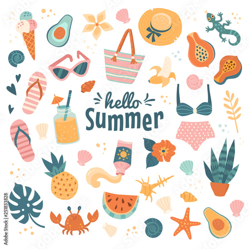 Hello Summer icons collection. Vector illustration of funny cartoon summer clothes, fruits, exotic animals and plants in trendy flat style. Isolated on white.