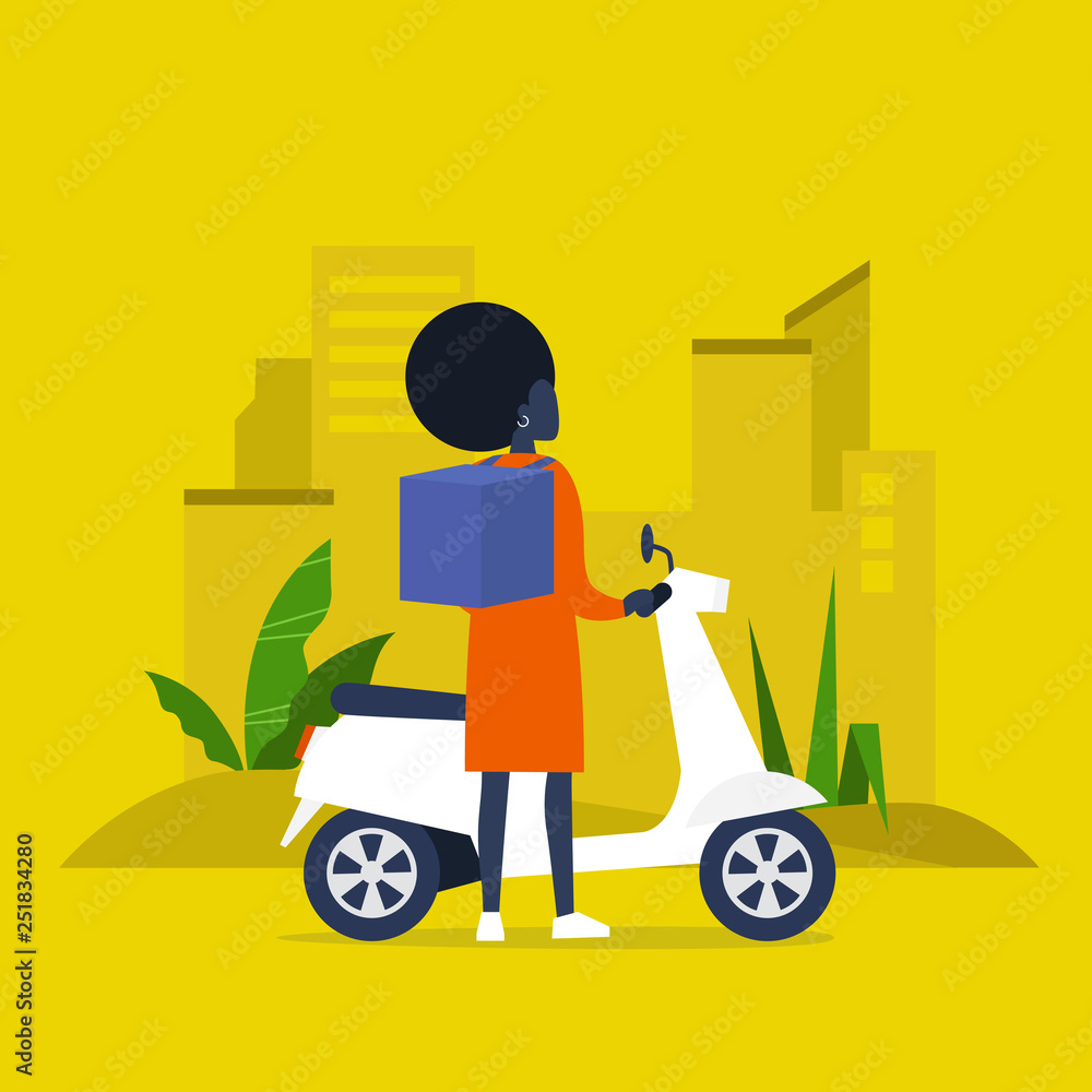 Food delivery service. Young black female courier with a large backpack riding a motor bike. Flat editable vector illustration, clip art
