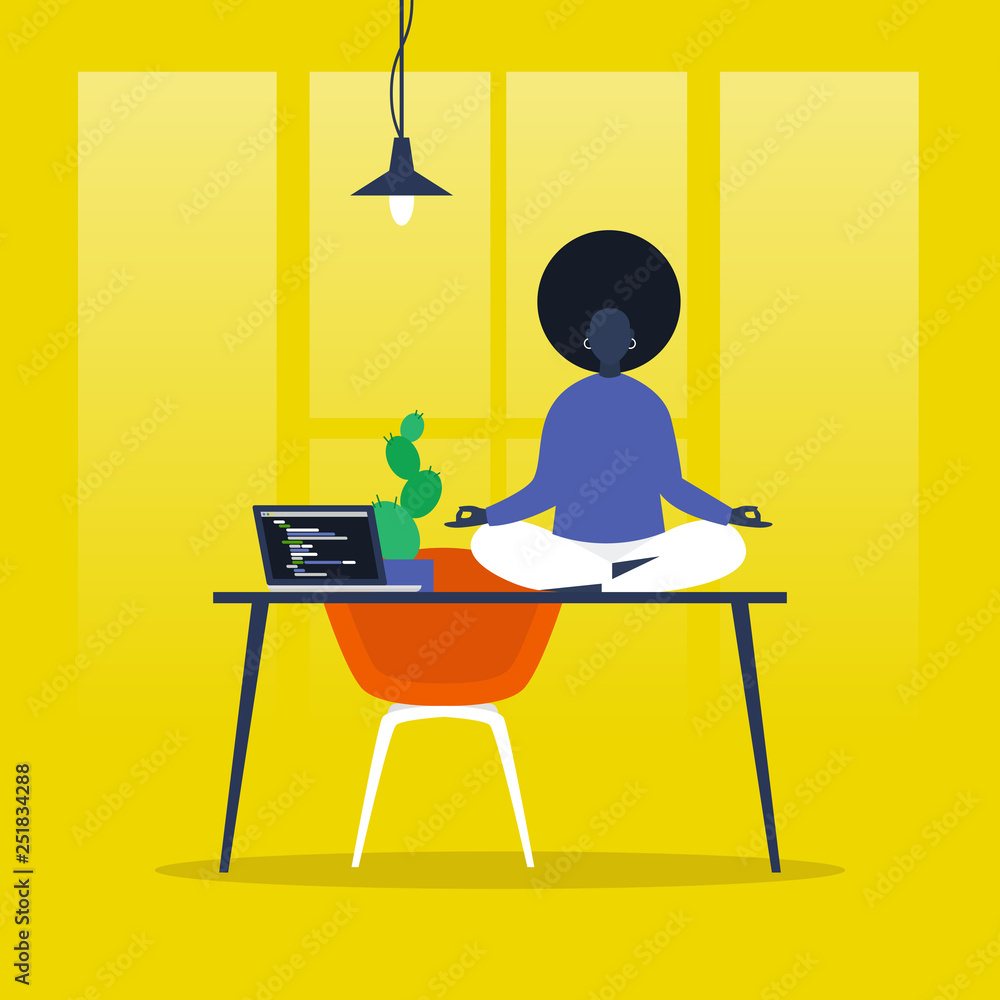 Fototapeta premium Meditation. Yoga at the office. Harmony and relaxation. Calm black female character sitting in a lotus pose on a desk. Flat editable vector illustration, clip art. Modern healthy lifestyle