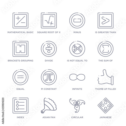 set of 16 thin linear icons such as japanese, circular, asian fan, index, thumb up filled gesture, infinite, pi constant from signs collection on white background, outline sign icons or symbols