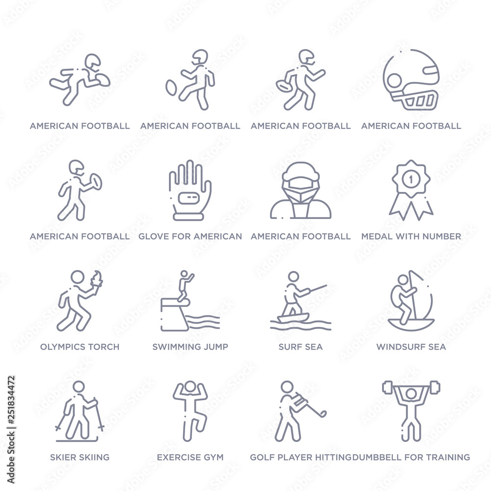 set of 16 thin linear icons such as dumbbell for training, golf player hitting, exercise gym, skier skiing, windsurf sea, surf sea, swimming jump from sports collection on white background, outline set of 16 thin linear icons such as dumbbell for training, golf player hitting, exercise gym, skier skiing, windsurf sea, surf sea, swimming jump from sports collection on white background, outline
