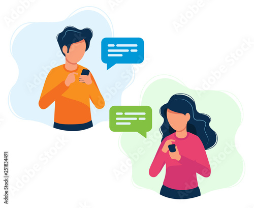 Man and woman with smartphones. Concept illustration, texting, messaging, chatting, social media, customer assistance, dating, communication. Bright colorful vector illustration. 