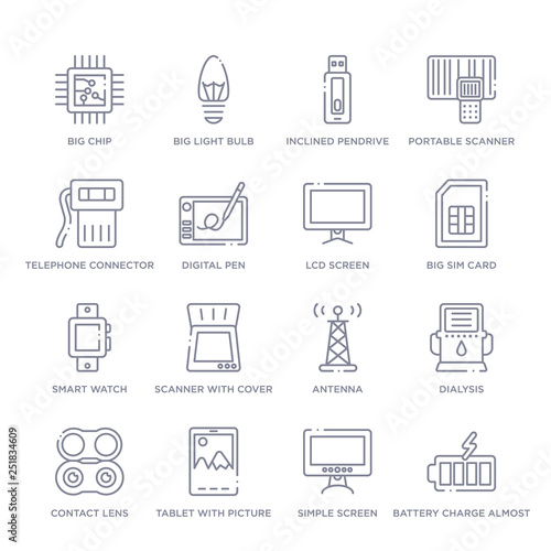 set of 16 thin linear icons such as battery charge almost full, simple screen, tablet with picture, contact lens, dialysis, antenna, scanner with cover from technology collection on white