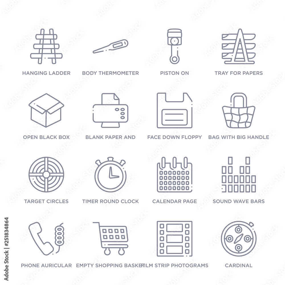 set of 16 thin linear icons such as cardinal, film strip photograms, empty shopping basket, phone auricular with cable, sound wave bars, calendar page, timer round clock from tools and utensils set of 16 thin linear icons such as cardinal, film strip photograms, empty shopping basket, phone auricular with cable, sound wave bars, calendar page, timer round clock from tools and utensils
