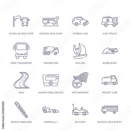 set of 16 thin linear icons such as school bus empty, go kart, formula 1, shock breaker, midget car, motorsport, hands free device from transport collection on white background, outline sign icons
