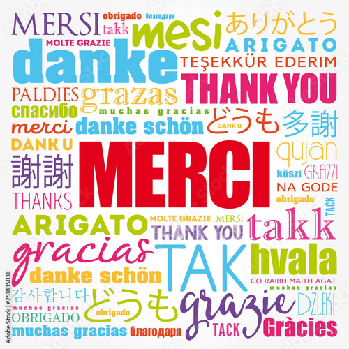 Merci (Thank You in French) word cloud in different languages