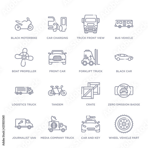 set of 16 thin linear icons such as wheel vehicle part, car and key, media company truck with satellite, journalist van, zero emission badge, crate, tandem from transport collection on white