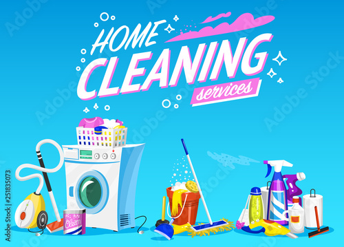 Cleaning service Poster. Home tools Banner. Washing machine, Detergents Cleanser, Water bucket for Mopping, Vacuum cleaner Scoop, Chemicals Appliances for web site.