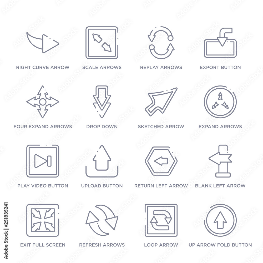 set of 16 thin linear icons such as up arrow fold button, loop arrow, refresh arrows, exit full screen arrows, blank left arrow, return left arrow, upload button from user interface collection on set of 16 thin linear icons such as up arrow fold button, loop arrow, refresh arrows, exit full screen arrows, blank left arrow, return left arrow, upload button from user interface collection on