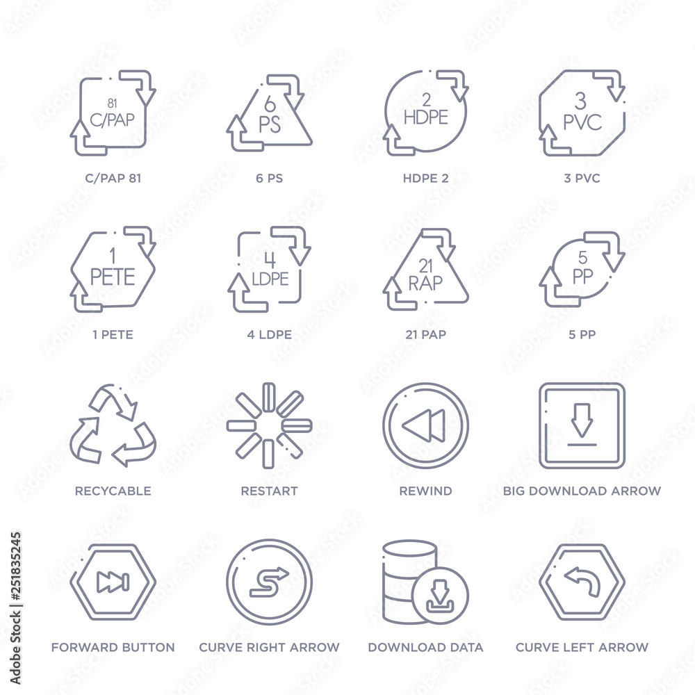 set of 16 thin linear icons such as curve left arrow, download data, curve right arrow, forward button, big download arrow, rewind, restart from user interface collection on white background, set of 16 thin linear icons such as curve left arrow, download data, curve right arrow, forward button, big download arrow, rewind, restart from user interface collection on white background,