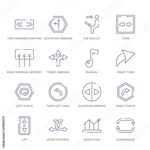set of 16 thin linear icons such as continuous, evolution, move content, lift, right curve, elevator arrows, turn left only from user interface collection on white background, outline sign icons or
