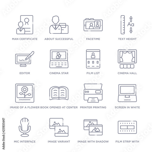 set of 16 thin linear icons such as film strip with a triangle inside, image with shadow interface, image variant, mic interface, screen in white, printer printing squares, book opened at center