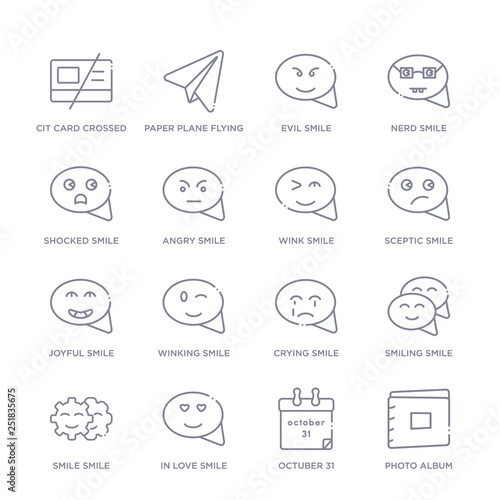 set of 16 thin linear icons such as photo album, octuber 31, in love smile, smile smile, smiling smile, crying winking smile from user interface collection on white background, outline sign icons or