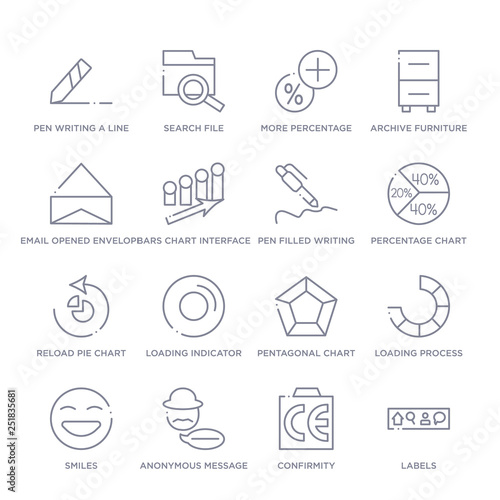 set of 16 thin linear icons such as labels, confirmity, anonymous message, smiles, loading process, pentagonal chart, loading indicator from user interface collection on white background, outline photo