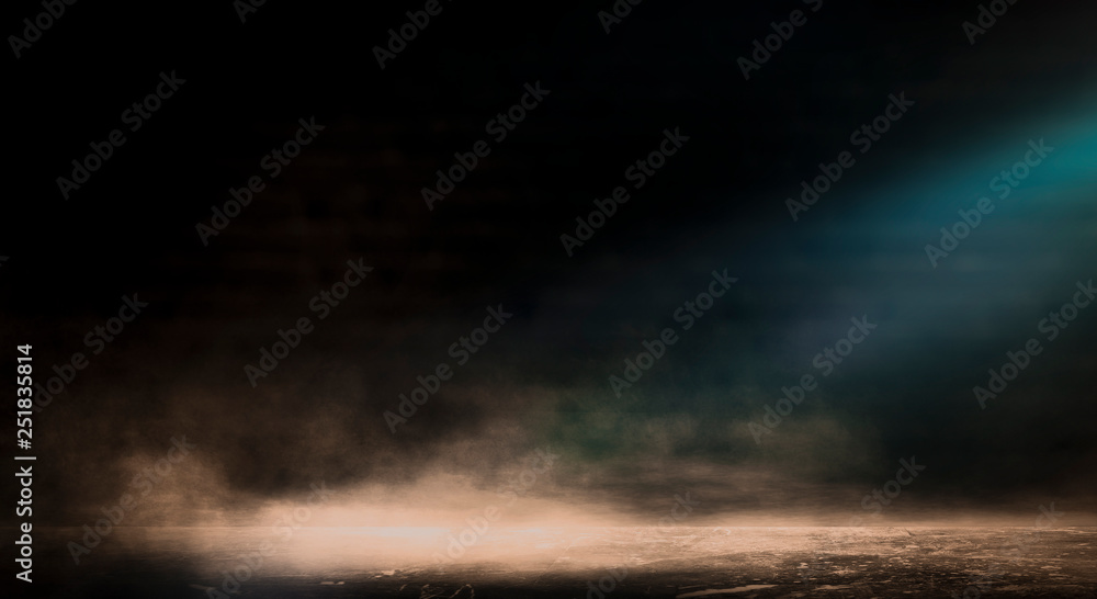 Background of empty room, street, neon light, smoke, fog, concrete floor. 3D rendering. Background of empty room, street, neon light, smoke, fog, concrete floor. 3D rendering.