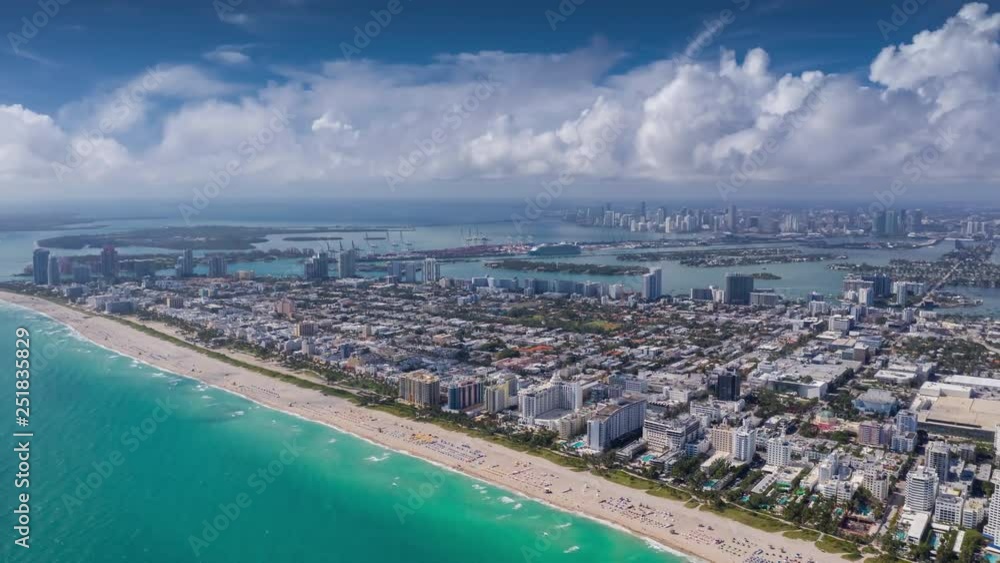 MIAMI, FLORIDA, USA - JANUARY 2019: Aerial hyperlapse 4k drone panorama view flight over Miami beach ocean coastline. MIAMI, FLORIDA, USA - JANUARY 2019: Aerial hyperlapse 4k drone panorama view flight over Miami beach ocean coastline.