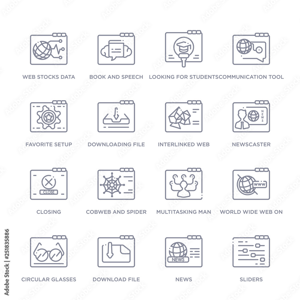 set of 16 thin linear icons such as sliders, news, download file, circular glasses, world wide web on grid, multitasking man, cobweb and spider from web collection on white background, outline sign set of 16 thin linear icons such as sliders, news, download file, circular glasses, world wide web on grid, multitasking man, cobweb and spider from web collection on white background, outline sign