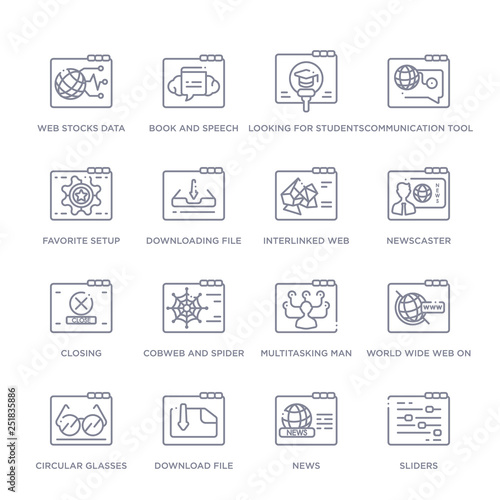 set of 16 thin linear icons such as sliders, news, download file, circular glasses, world wide web on grid, multitasking man, cobweb and spider from web collection on white background, outline sign