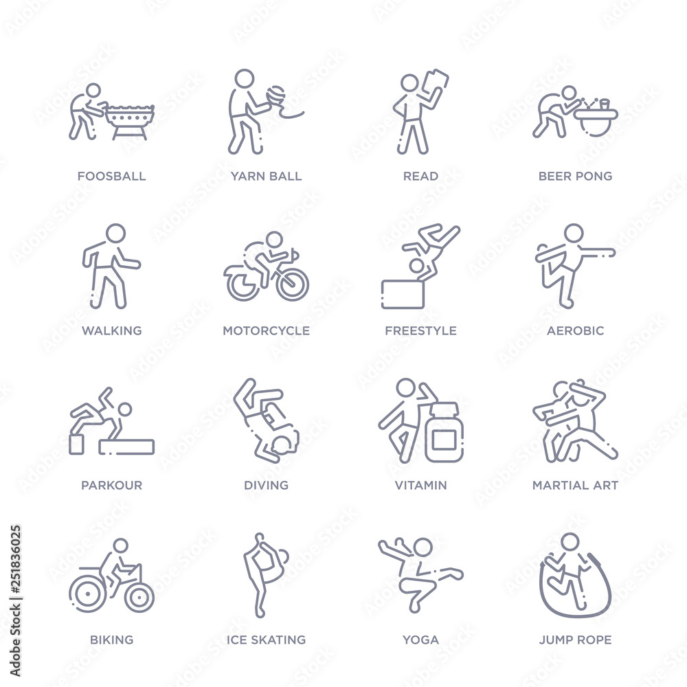 set of 16 thin linear icons such as jump rope, yoga, ice skating, biking, martial art, vitamin, diving from activity and hobbies collection on white background, outline sign icons or symbols set of 16 thin linear icons such as jump rope, yoga, ice skating, biking, martial art, vitamin, diving from activity and hobbies collection on white background, outline sign icons or symbols